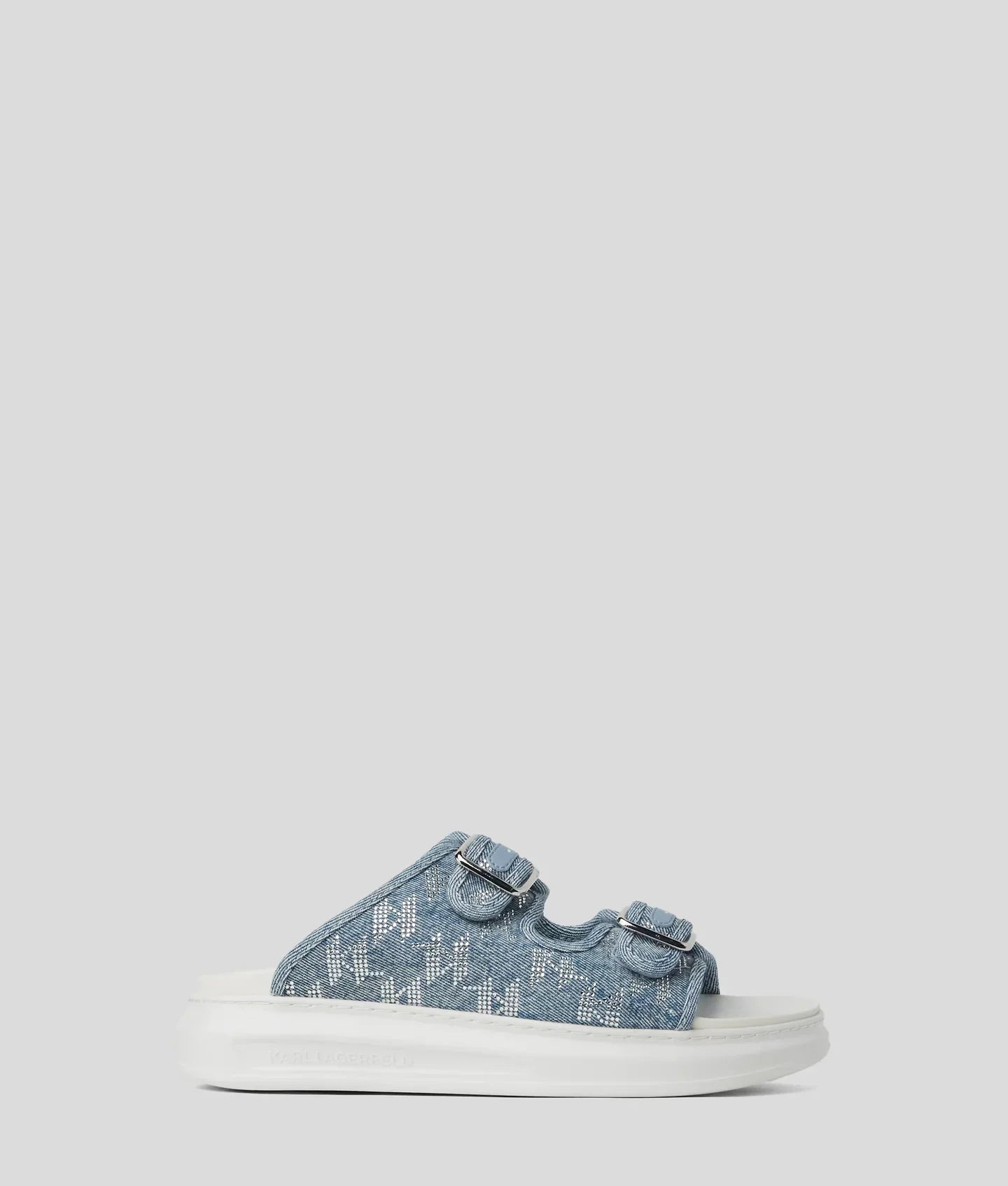 KARL KAPRI DENIM RHINESTONE SANDALS